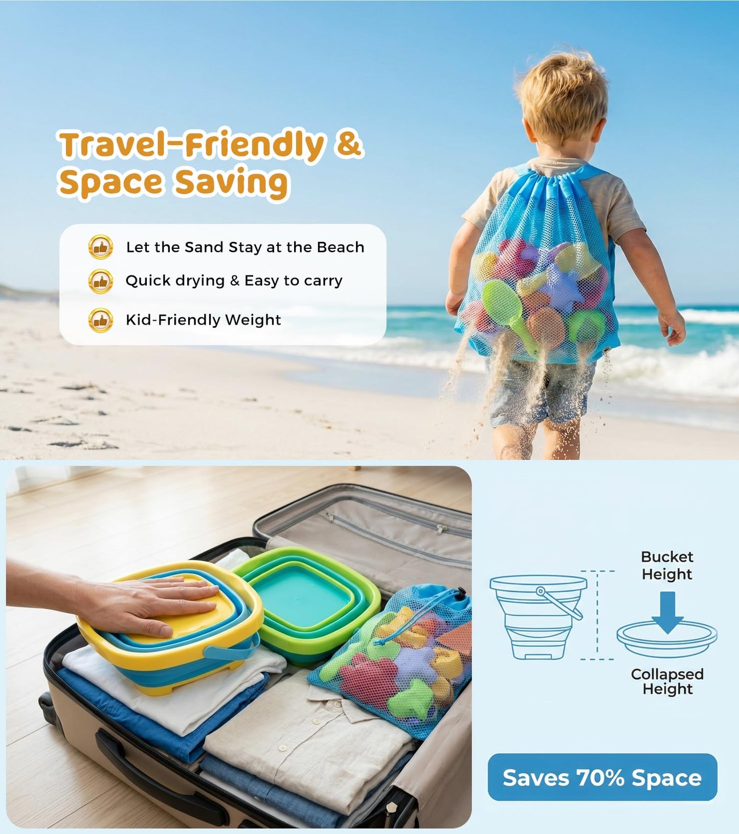 Eicaus 46 PCS Beach Sand Toys for Kids Toddlers, Collapsible Sand Buckets & Mesh Bag Set with Heavy Duty Metal Sifters, Treasure Hunt Gems, Castle Molds, Travel Sandbox Toys for Boys Girls