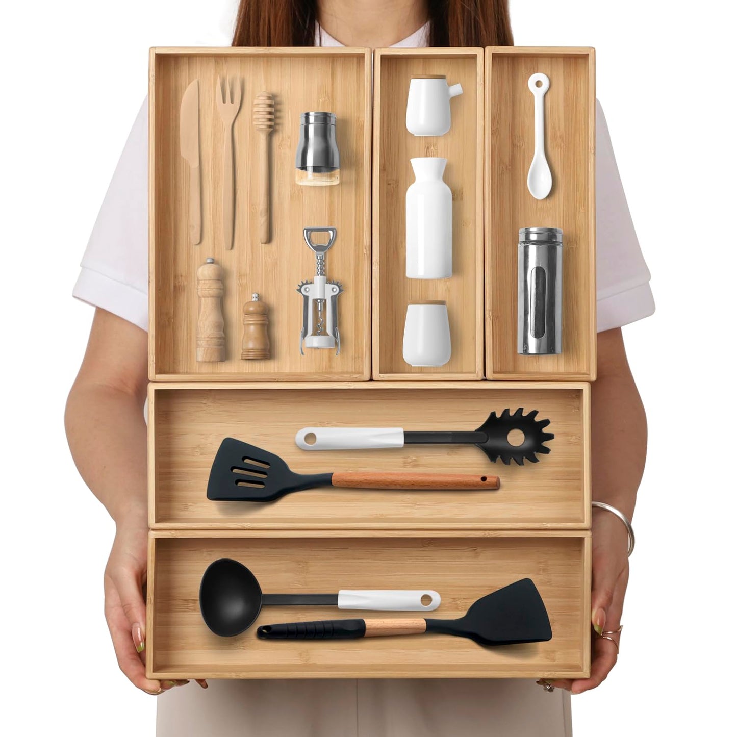 BAMOTTO CRAFTBAMBOO Stack Bamboo Drawer Organizer Set of 5, Kitchen Utensil, Flatware&Silverware Organizer-Wood Laminated Stackable for Kitchen, Bedroom, 13.4''x4.5''*2+10.2''x3.3''*2+10.2''x6.7''*1