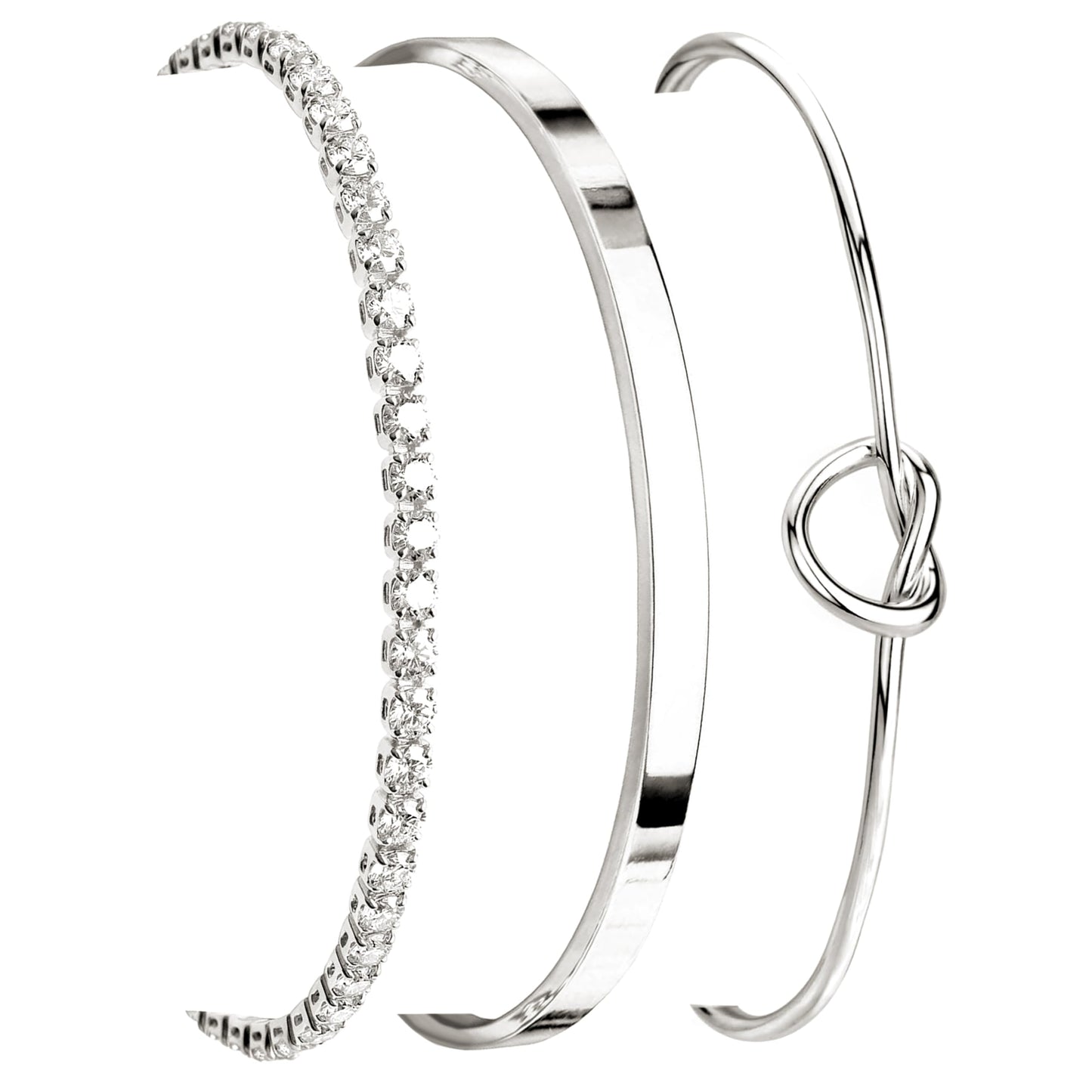 Poxtex Silver Cuff Bracelets Set for Women, 3 Pcs Stackable Open Bangles, Cubic Zirconia Tennis, Stardust Thin Polished Band, Non Tarnish Stainless Steel Jewelry Gifts