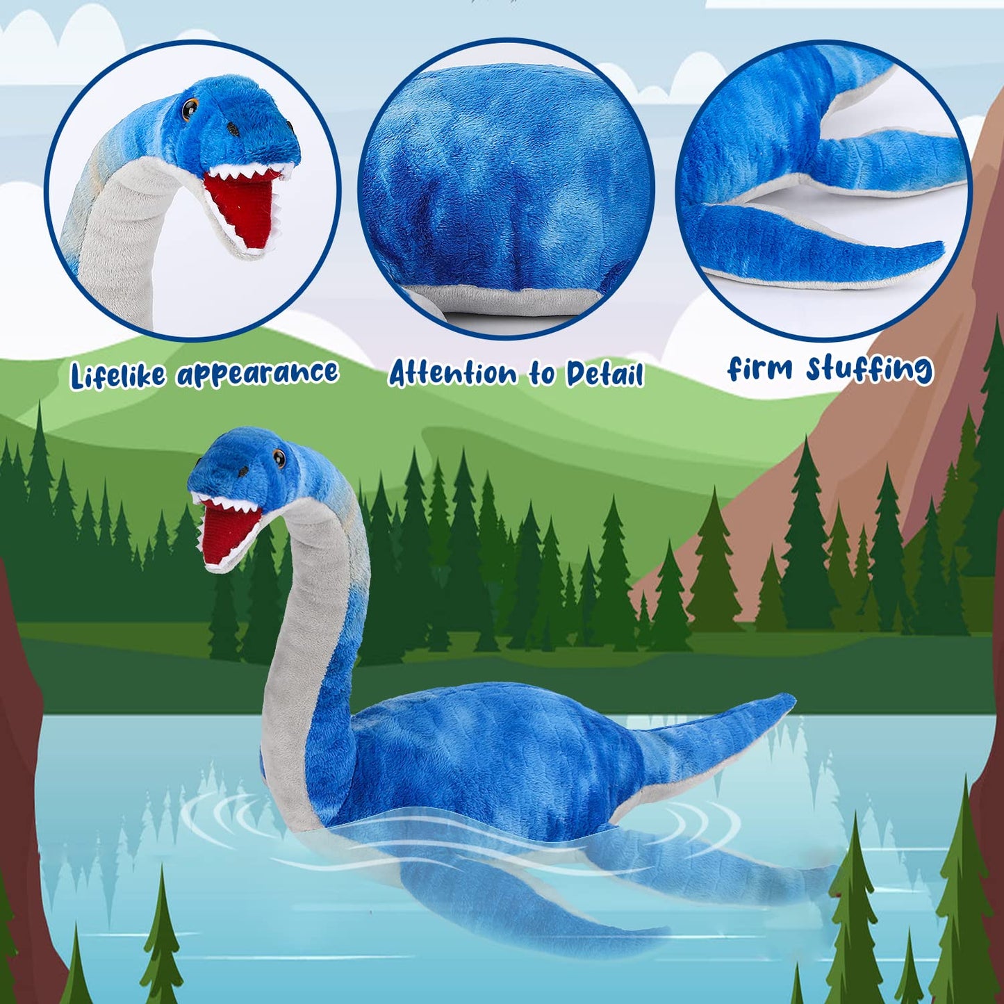 AULUDA Plesiosaurus Plush Toy, Dinosaur Stuffed Animal Throw Plushie Pillow Doll, Soft Blue Fluffy Friend Hugging Cushion - Present for Every Age & Occasion