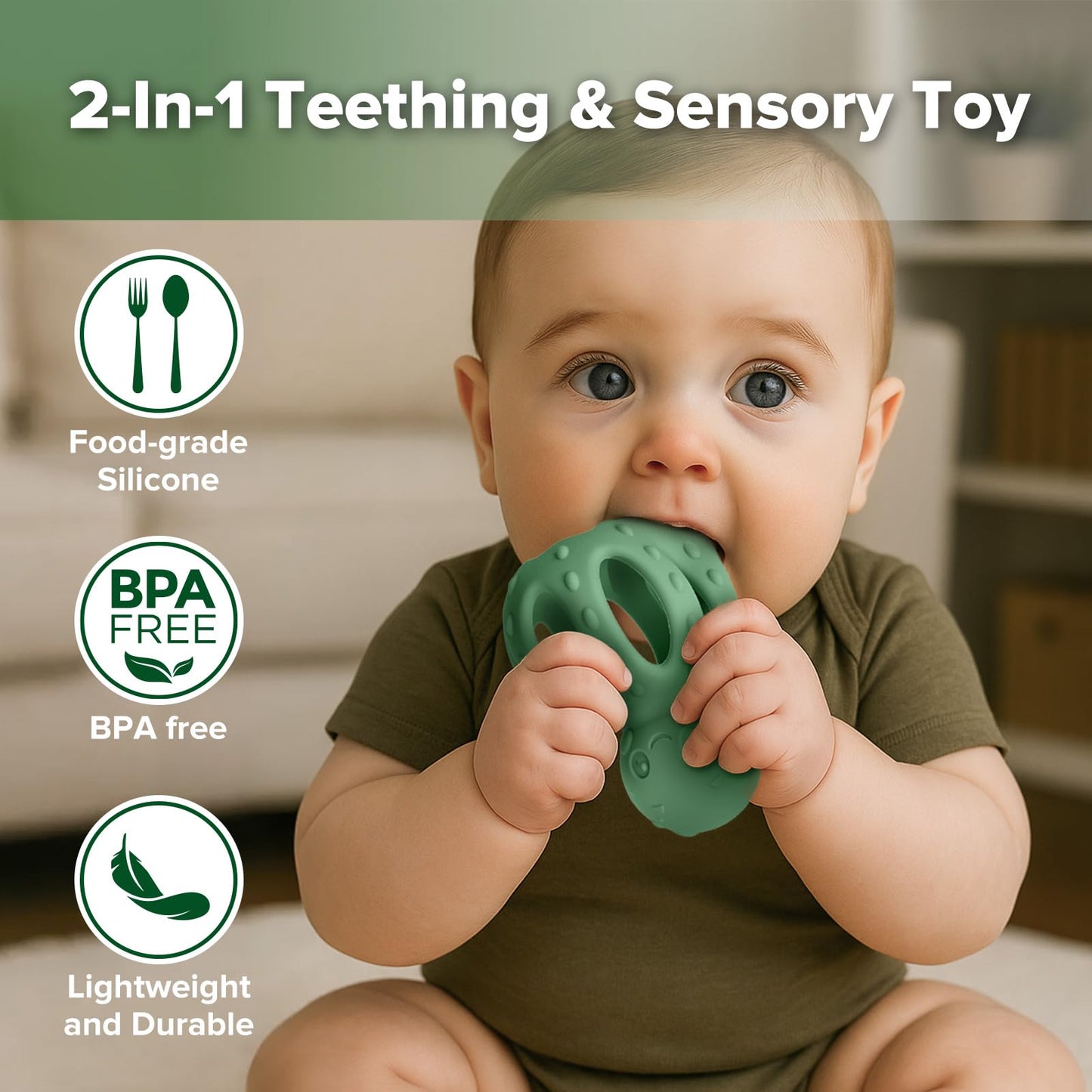haakaa 2-in-1 Baby Teething Toy,Octopus Teether with Gentle Rattle,Soft Textured Teether for Sore Gums,Easy to Grasp Sensory Toy for Babies 3M+,Pea Green