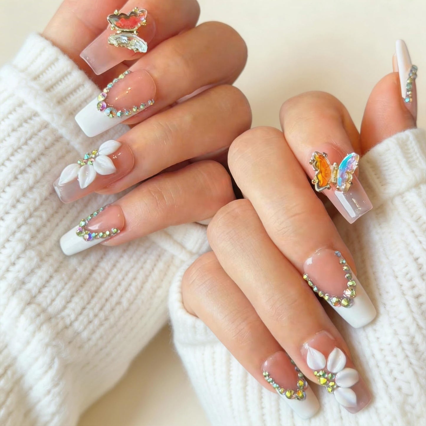 Handmade Press On Nails, 3D Flower & Butterfly White French Tip Fake Nails with Rhinestones, Reusable Acrylic False Nails Medium Length Square Press on Nails(M-10Pcs)