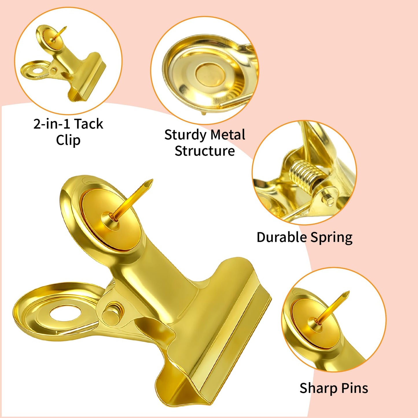 VYNFLICK Gold Push Pin Clips - 40 Pack Thumb Tacks with Metal Clips for Cork Board Bulletin Board, No Hole Paper Clips for Photos Notes Documents, Decorative Office School Supplies