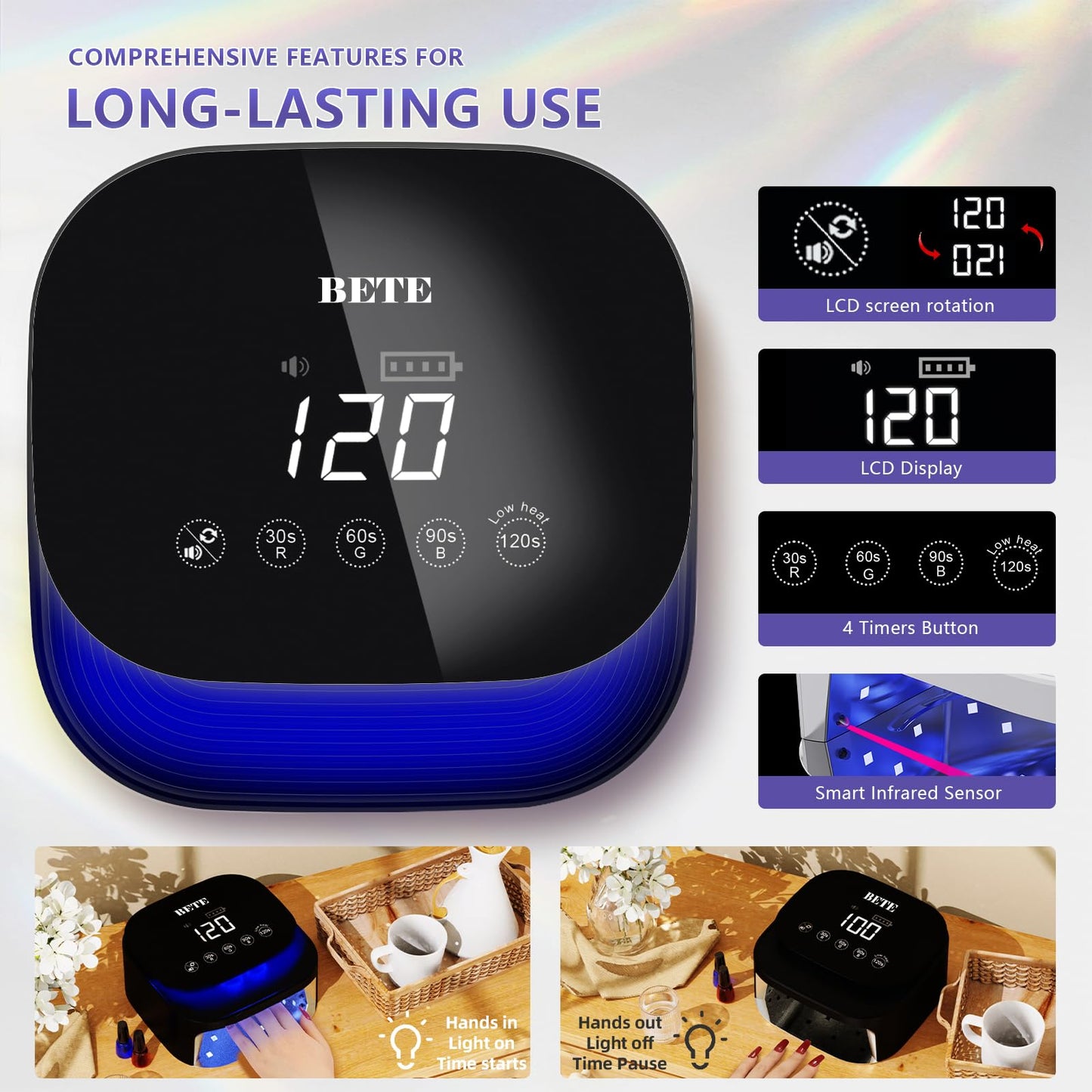 BETE 60W Cordless UV LED Nail Lamp - Rechargeable Gel Polish Dryer with Auto Sensor, 30 Beads & 4 Timer Settings Portable for Home/Salon Black