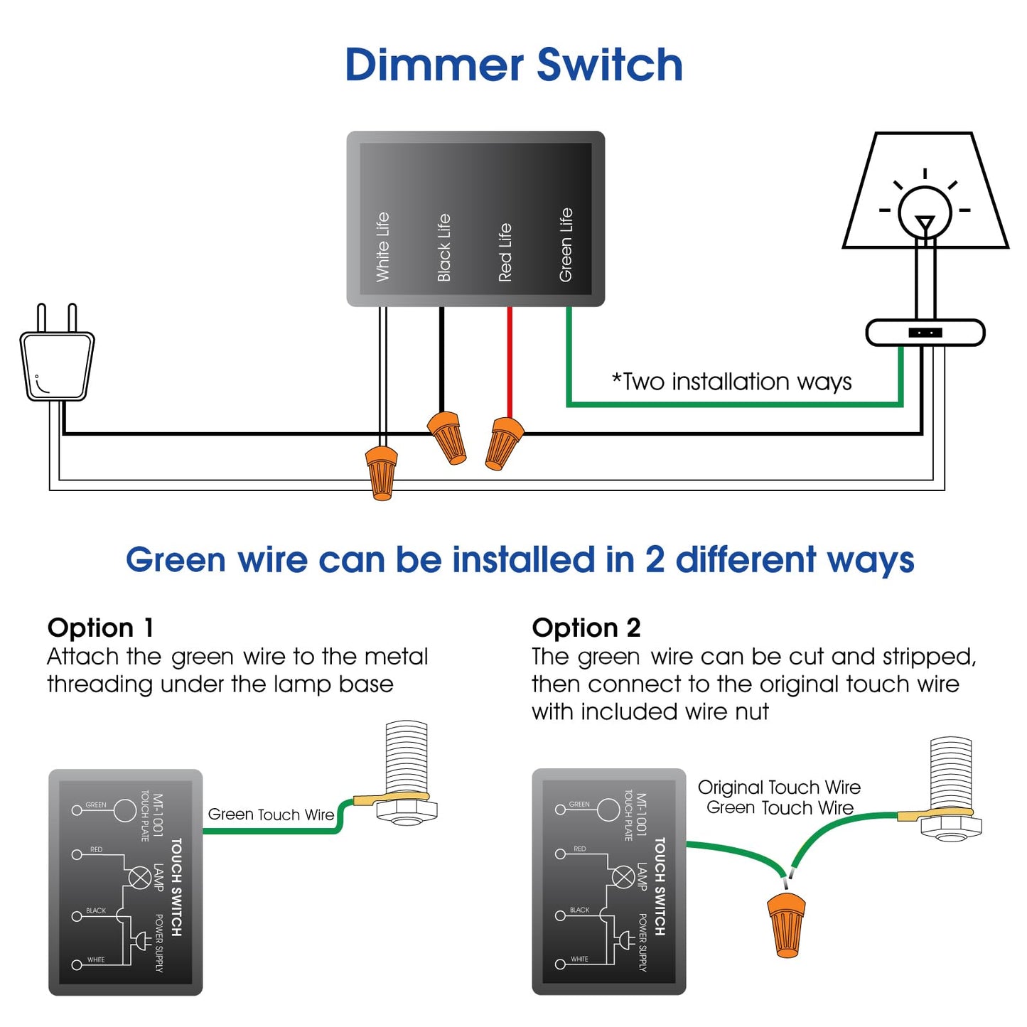 Zeifun Touch Lamp Switch 2 Pack, Touch Lamp Control Module for Dimmable LED, Incandescent, Halogen Bulbs, Lamp Switch Replacement Kit, Touch Dimmer Sensor with 3 Levels Brightness and Wiring Caps