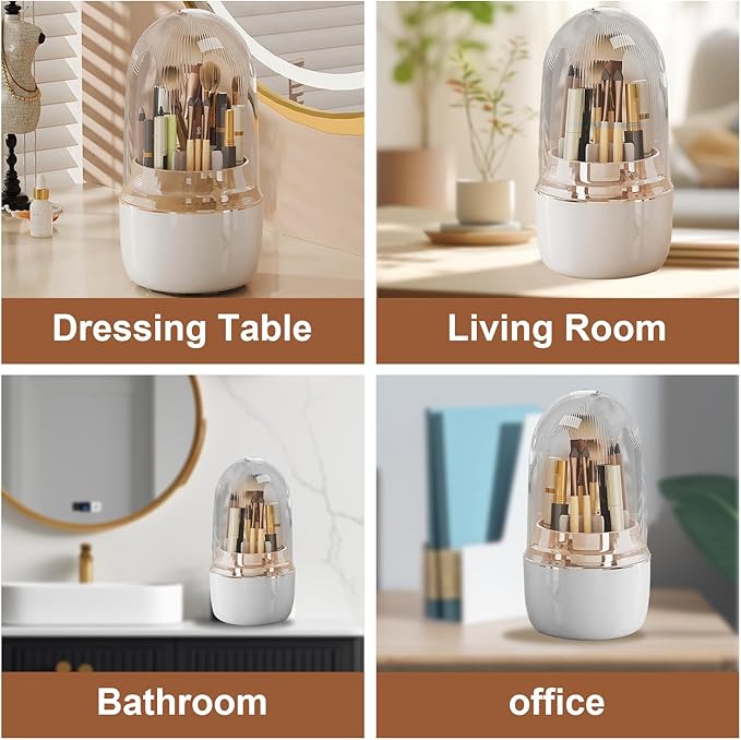360° Rotating Toothbrush Holder with Cover, 7-Slot Bathroom Organizer for Electric Toothbrush, Toothpaste, Razors, Draining Water, Countertop Vanity Storage