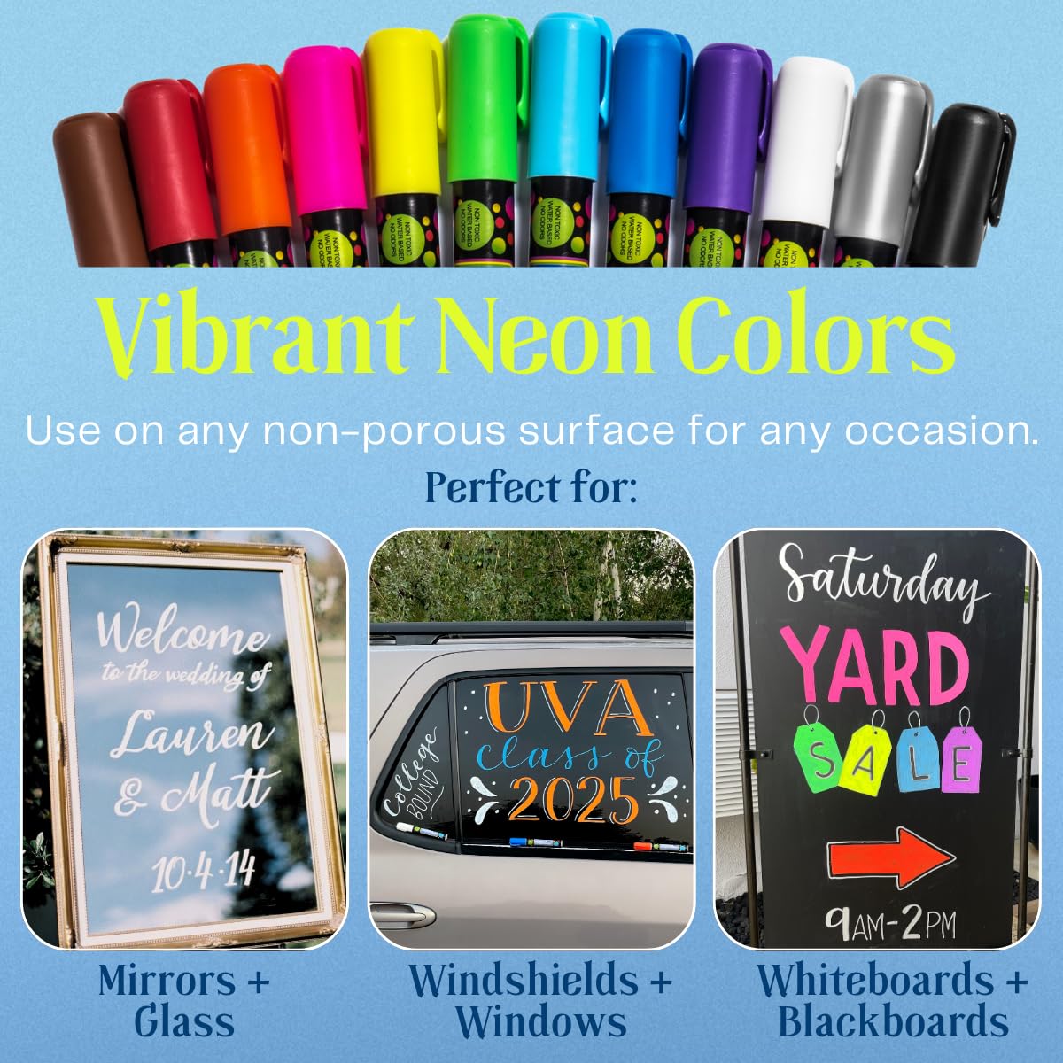 MoodClue Liquid chalk markers 12 neon erasable Whiteboards, glass boards, chalkboards, windows, mirrors, car windshields, auto, glass. Odorless, non-toxic. Wet or dry erase. Thick and thin tip