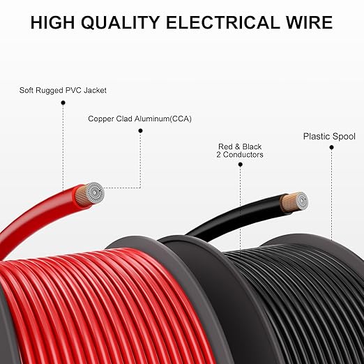 12 Gauge Electrical Wire 2 Pack Total 200 ft-Black 100 ft and Red 100 ft Soft Flexible Copper-Clad Aluminum(CCA) 12 AWG PVC Wire for Lamp, Household Appliances RC Toys, Models, Auto, Electronics