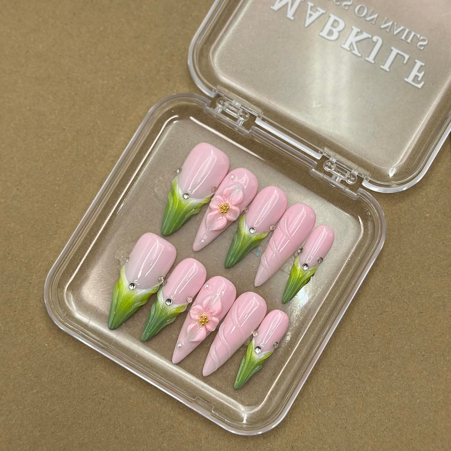Luxury Press on Nails Long Stiletto Handmade Unique Reusable ABS Material Fake Nails Green French Tip False Nails with Designs 3D Flower Art Petal Glossy Glue on Nails Thick Acrylic Nails(S)