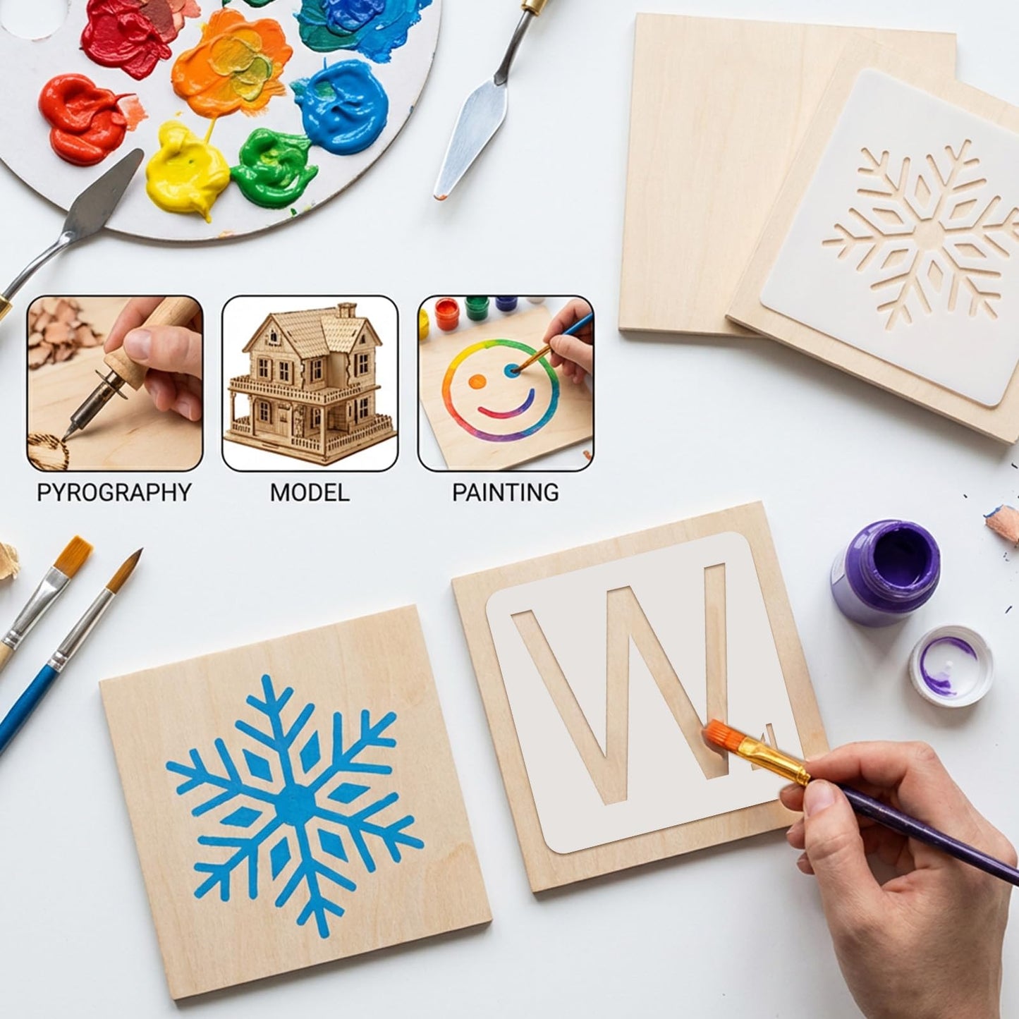 36pcs 5 Inch Wooden Squares for Crafts, 30 Large Letter Stencils Custom Stencil Set, Letters for Wall Decor, Tiles for Crafts, Unfinished Wooden Letters for Painting Home Farmhouse