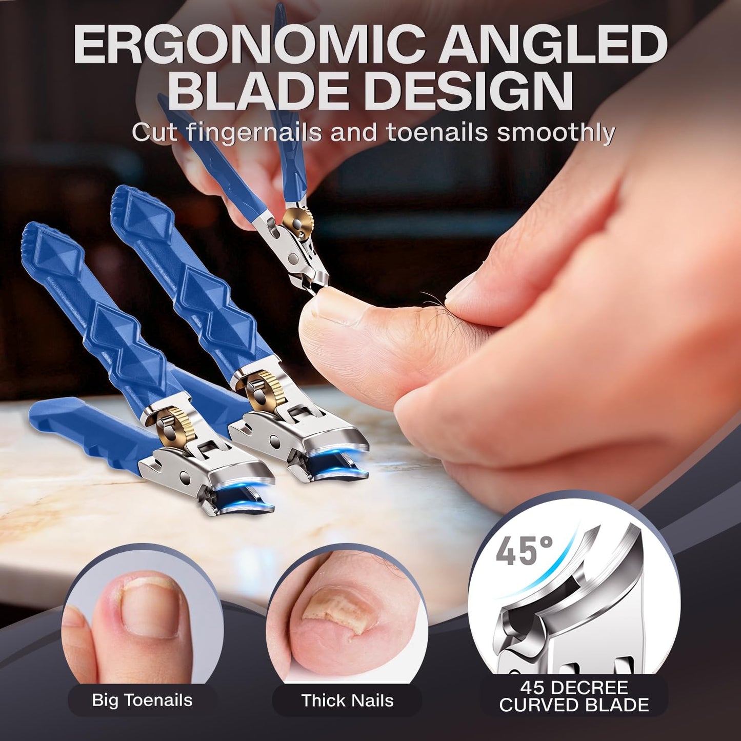 Flikino Wide Jaw Toenail Clippers for Thick Nails - Heavy Duty Stainless Steel Nail Clippers with Ergonomic Handle, Ultra Sharp Ingrown Nail Cutters for Men & Seniors.
