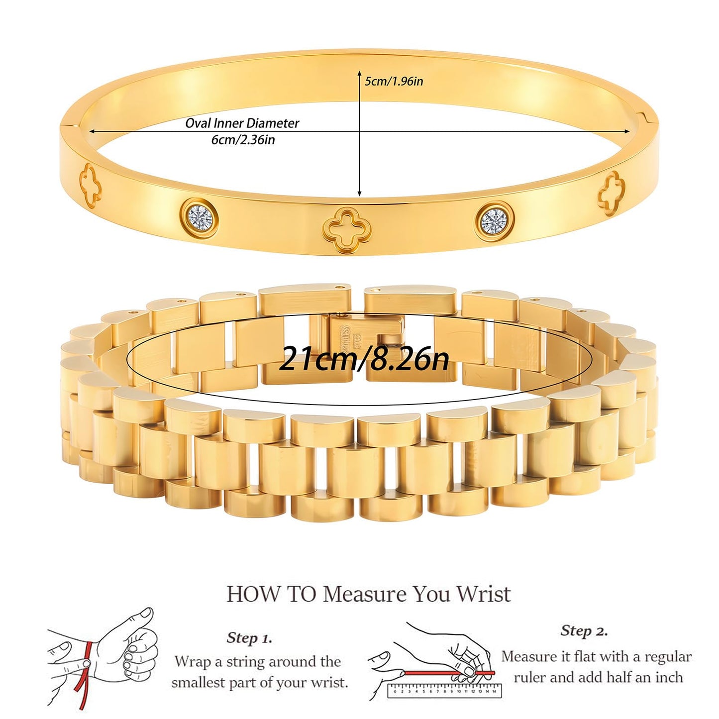 2PCS Gold Chain Link Watch Bracelet Set,18K Gold Plated Stackable Bracelets for Women,Stainless Steel Jewelry with Adjustable Tool, Non-Tarnish Friendship Love Bracelet Gift for Her. (2pcs-C Gold)