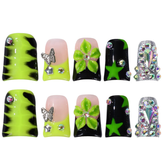 Buleens Handmade Press on Nails Acrylic Duck Nails-10pcs Short Edgy Neon Green Snake Flower 3D Fake Nails Kits with Glue