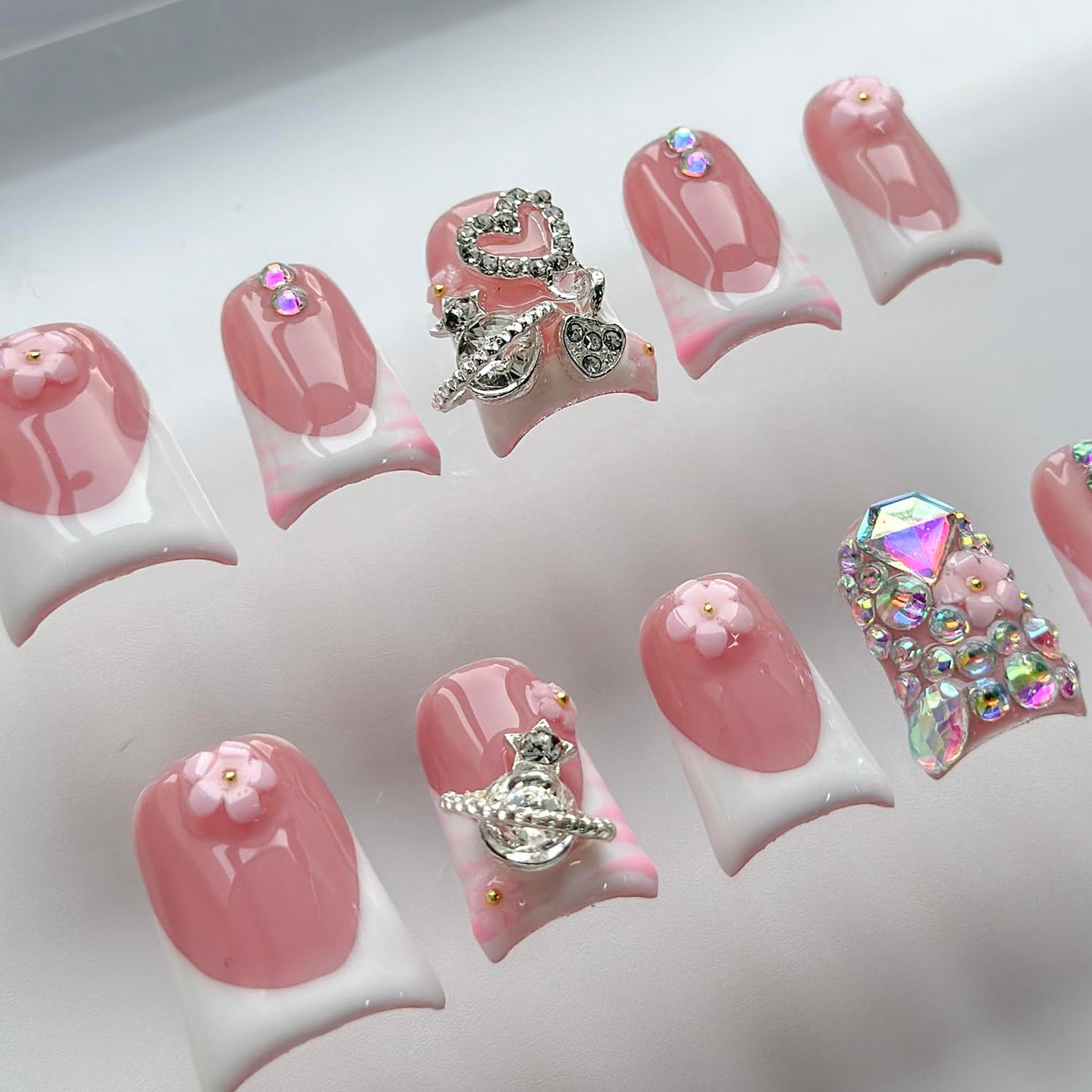 Luxury Press on Nails Short Duck Handmade 3D Unique Reusable ABS Material Fake Nails White French Tip False Nails with Designs Pink Flower Rhinestones Glossy Glue on Nail Thick Acrylic Nail(M)