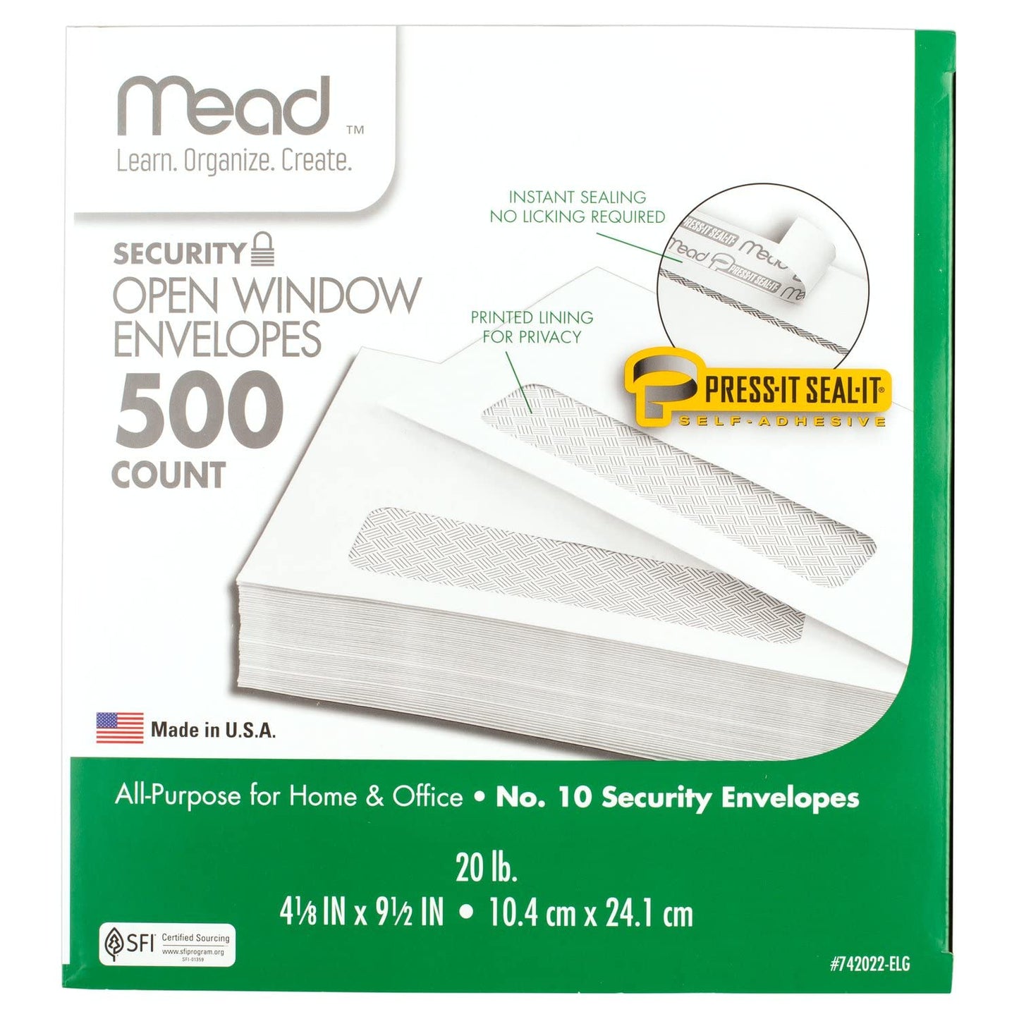 Mead #10 Envelopes, Letter Size, 4-1/8" x 9-1/2", Security Printed Lining for Privacy, Press-It Seal-It Self Adhesive Closure, Left Viewing Window Mailing Envelopes, 500 Count (742022)