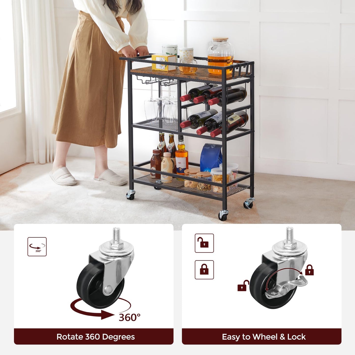 MAHANCRIS Bar Cart for Home and Bakers Rack with Drawer Bundle, Microwave Stand with Power Outlet, RCHR6101-BRBK48E01