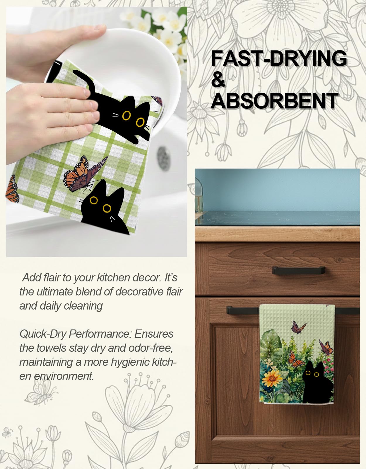 Ilexon Kitchen Towels Set of 2 - Cute Design 18×26 Inch Dish Towels Black Cats Quick Dry Hand Towels Soft & Absorbent, Home Decorative, Terry Cloth Tea Towels (Black Cat)