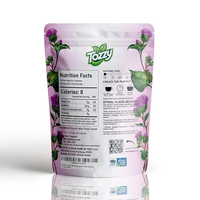Tozzy Organic Milk Thistle Tea – 100 Count, Plant-Based Pyramid Tea Bags | Supports Liver Health