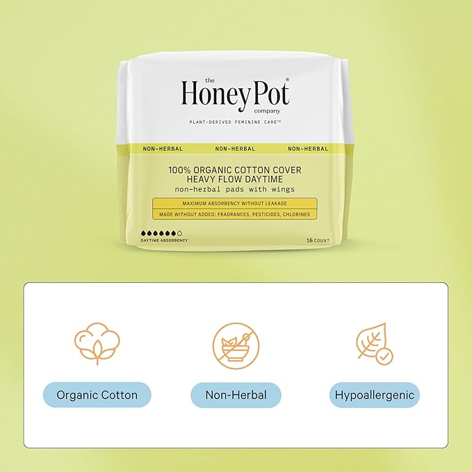 The Honey Pot Company - 64ct - Sanitary Pads for Women - Non-Herbal Heavy Flow Daytime w/Wings - Organic Cotton Cover & Ultra-Absorbent Core - Feminine Care - FSA & HSA Eligible