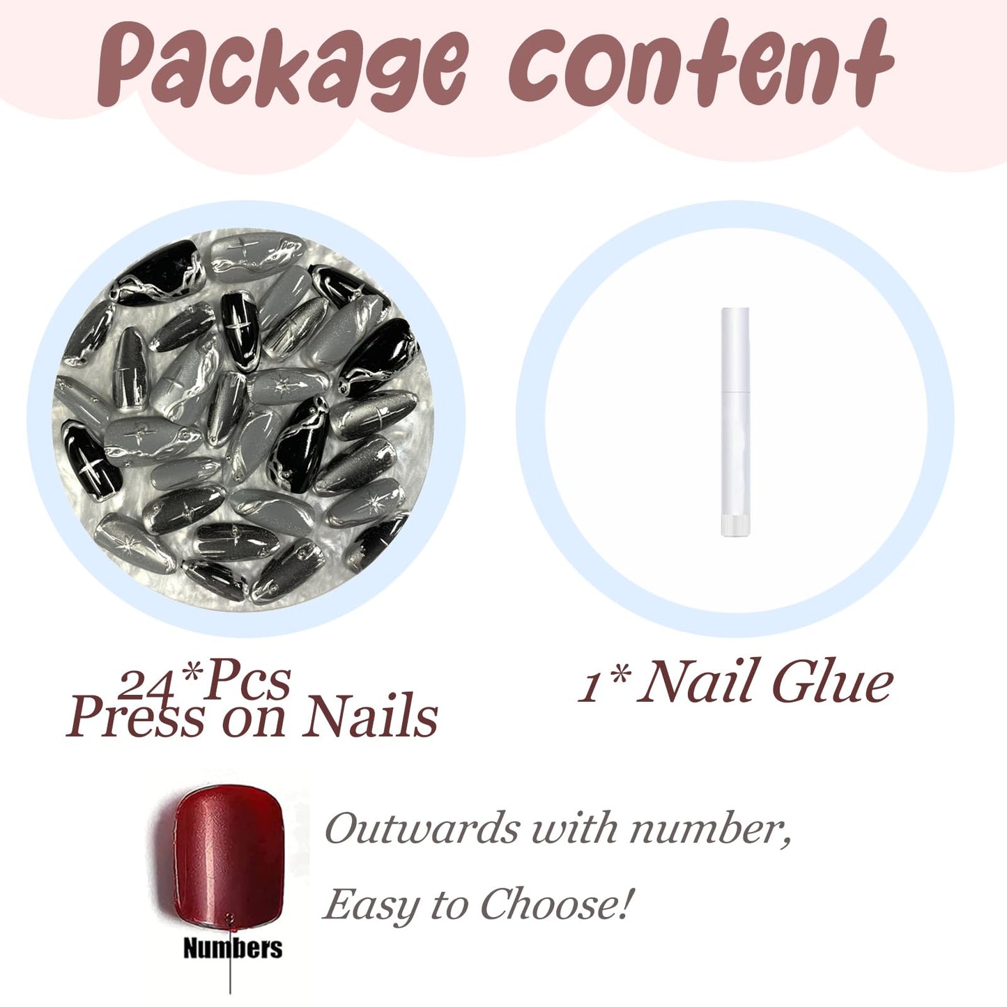 BABALAL Press On Nails Medium Almond, Black Cat Eye Fake Nails, Silver Chrome Gothic, Y2k Star, 24Pcs Acrylic False Nails