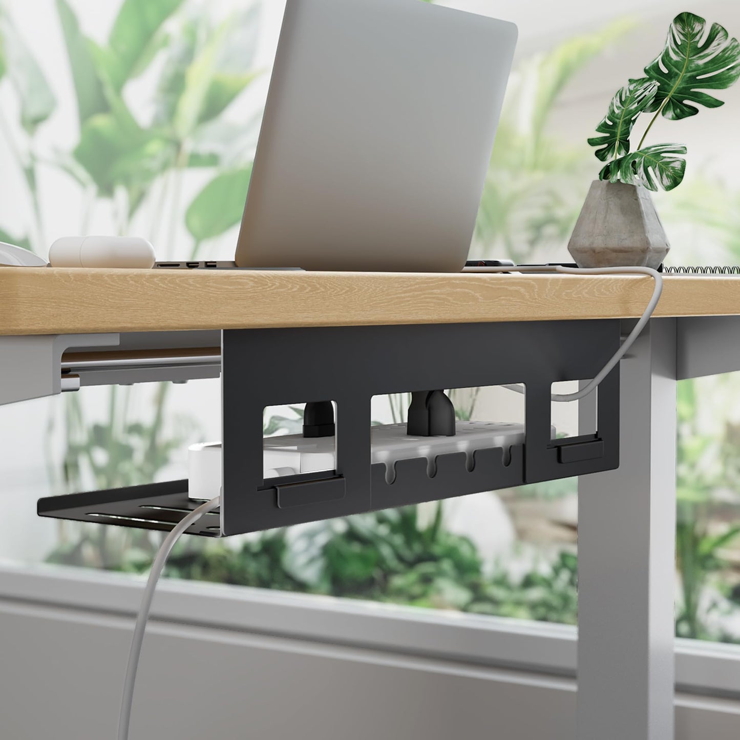 PEGZONE Under Desk Cable Management Tray, 15.7 Inches Metal Cord Organizer Rack, Desk Tray for Power Strip, Cord, Wire, Easy Mounting Cable Management Under Table for Home Office, Black