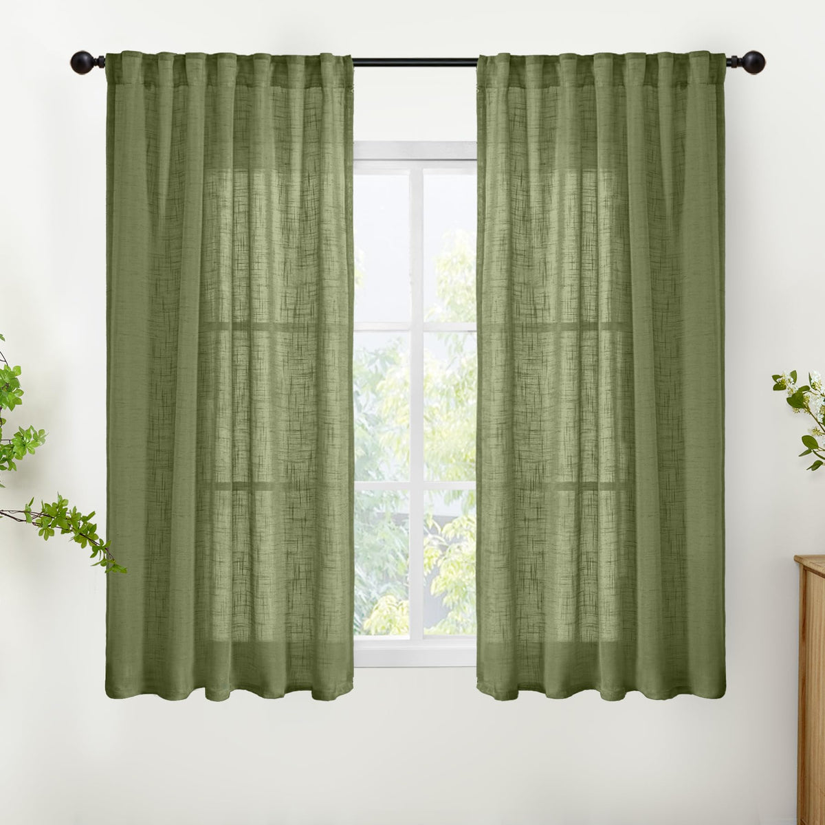 Olive Green Linen Curtains 45 Inch Length (2 Count)