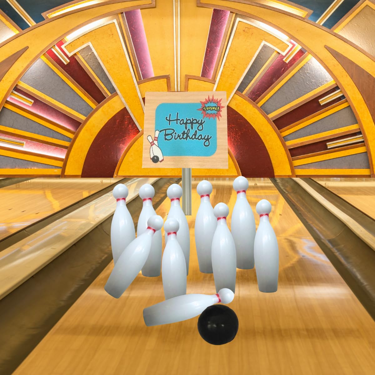 Bowling Happy Birthday Banner and Mini Miniature Bowling Pins Cake Decoration Cake Topper