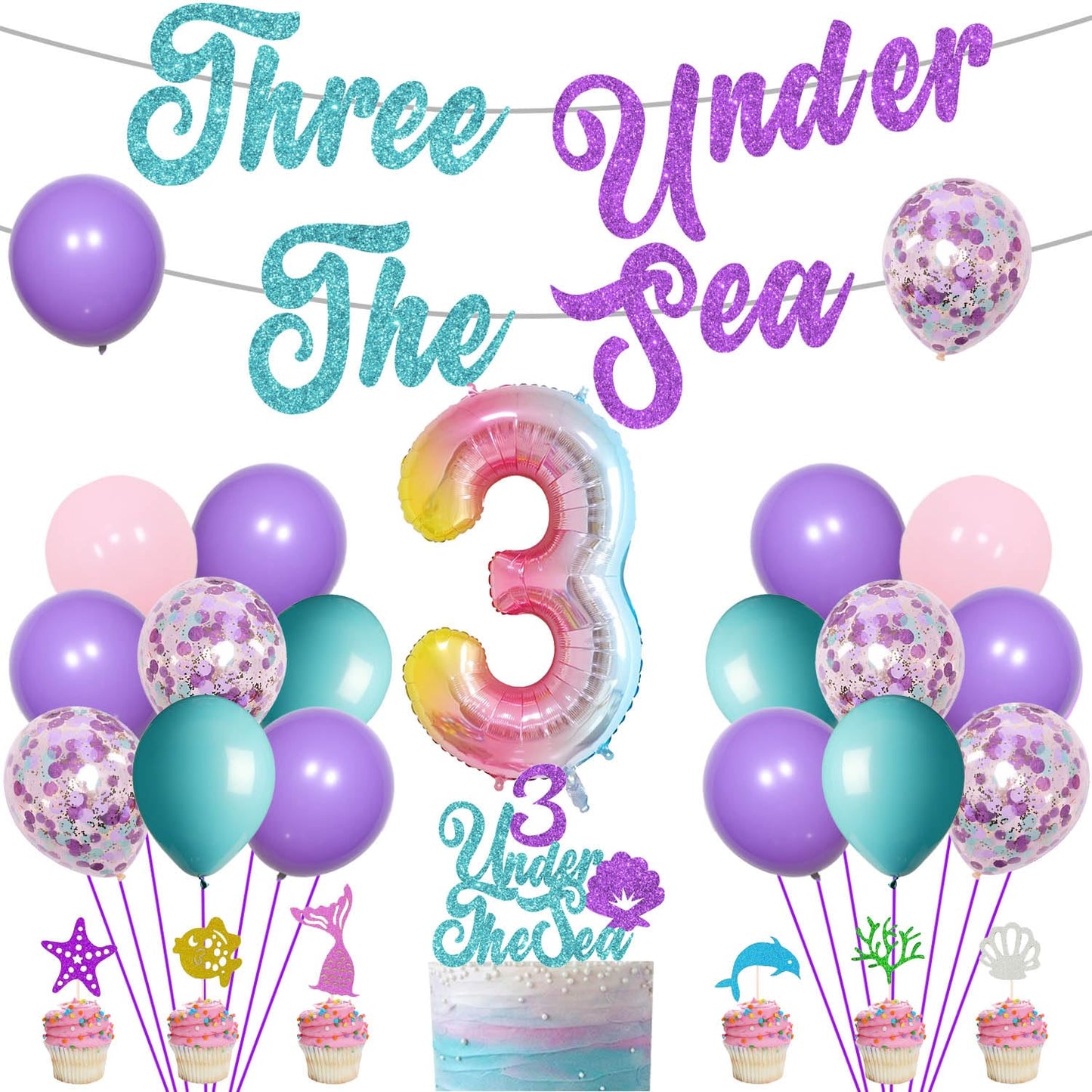 Three Under the Sea Party Decorations, Sea Themed 3rd Birthday Party Decorations Include Number 3 Seashell Confetti Balloons for 3rd Birthday Party Girls' Shell Decor Under the Sea Party Supplies