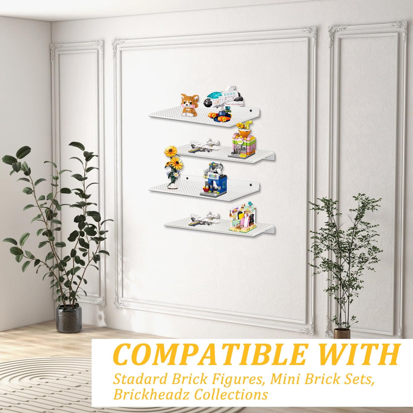 4 Pack Display Shelves for Building Bricks, Display Case Compatible with Brick Building Baseplate, Metal Floating Magnetic Display Cabinet Wall Mounted, Works with Major Building Blocks (4-White)