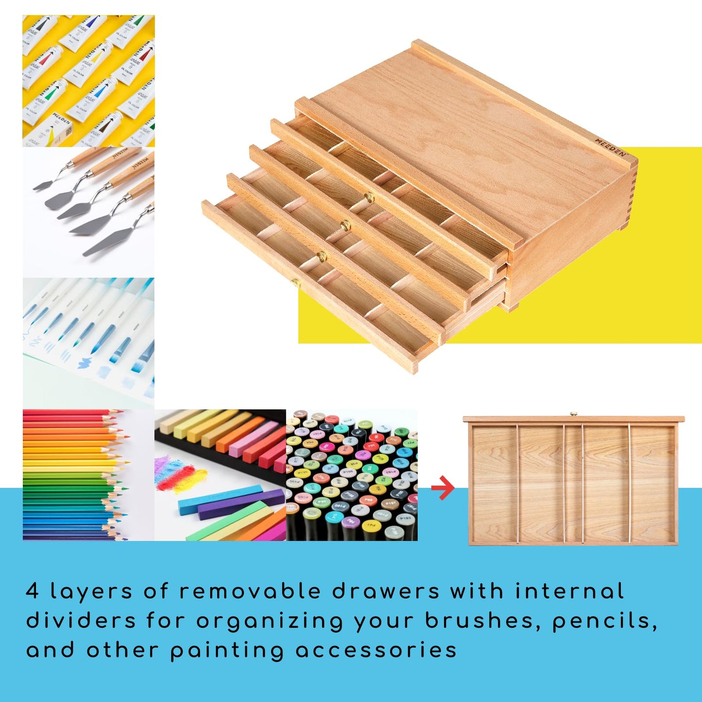 MEEDEN 4-Drawer Artist Supply Storage Box - Portable Foldable Multi-Function Beech Wood Artist Pencil & Brush Storage Box with Drawer & Compartments for Pastels, Pencils, Pens, Brushes, Stamp