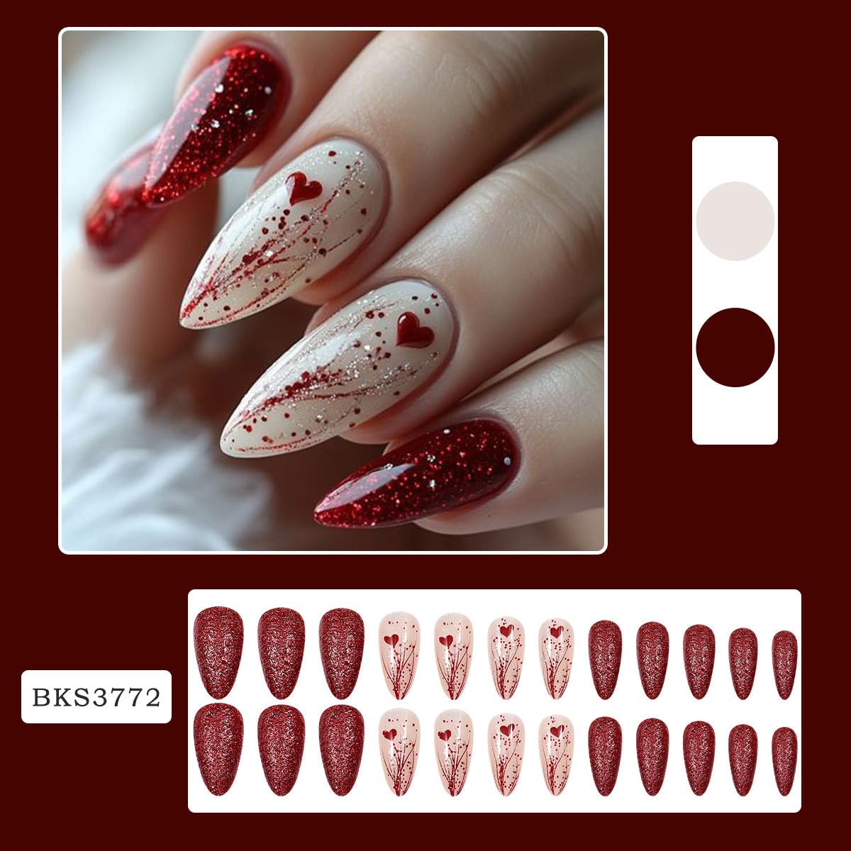 Valentine’s Day Press on Nails Red Medium Almond Fake Nails with Gradient Designs Heart Stripe False Nails Valentine Glue on Nail Artificial Full Cover Stick on Nail for Women 24Pcs Manicure Kit