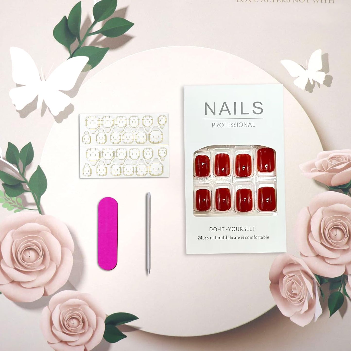 Vopintpy Cherry Red Press on Nails Short Square Fake Nails with Design Glossy Acrylic Glue on Nail Reusable Full Cover Artificial Stick on Nail for Women DIY Manicure
