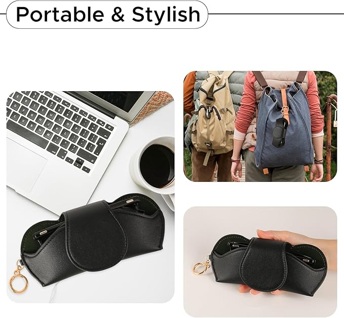 KINIVA Sunglasses Holder for Car Visor with Hanging Hook Portable Leather Glasses Storage Bag with Detachable Clips