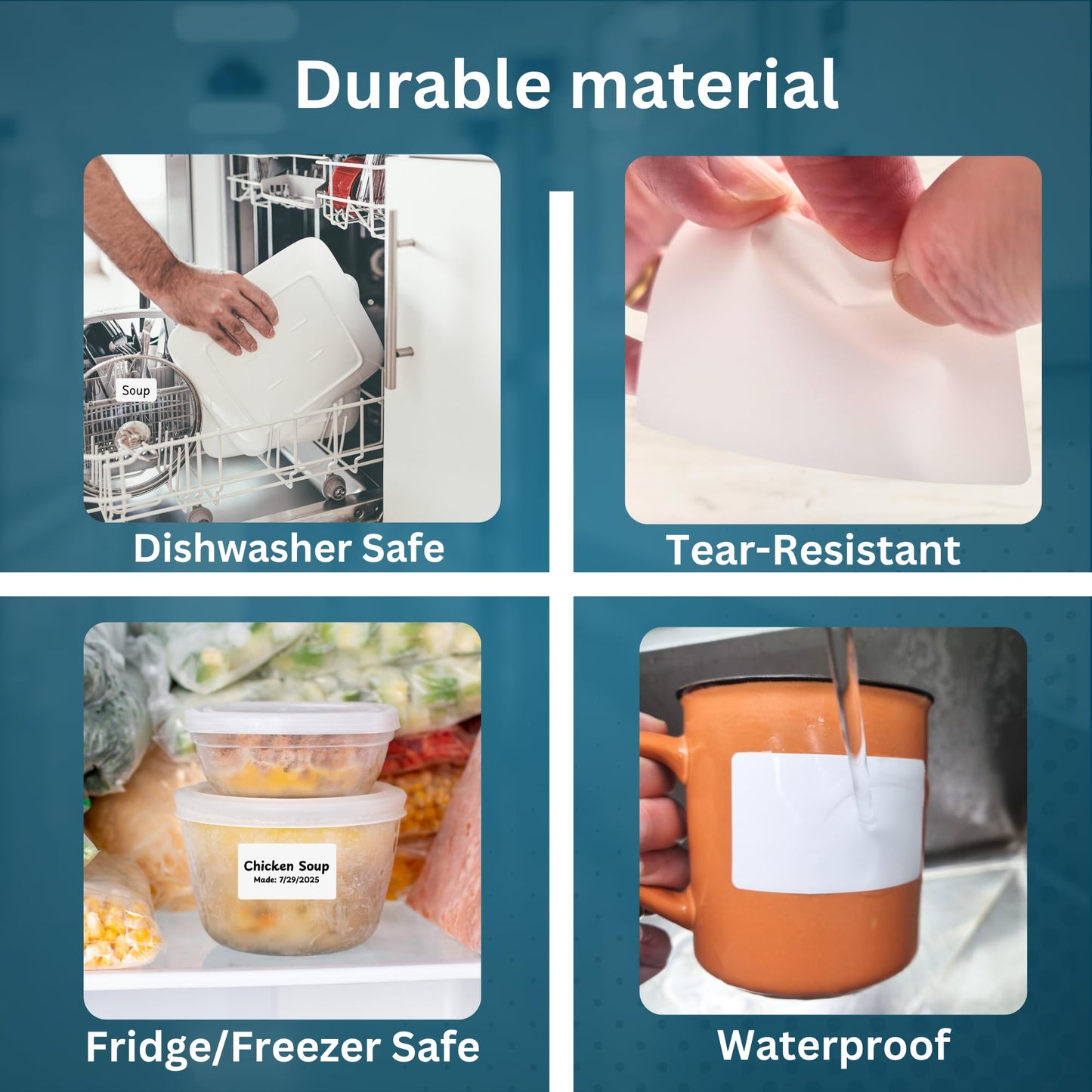 Blank Waterproof Label Stickers, White Write-On Polypropylene Labels with Strong Permanent Adhesive, 70mm x 40mm (2.8” x 1.6”), 500/Roll, Durable for Bottles, Storage Bins, Pantry & Cleaning Supplies