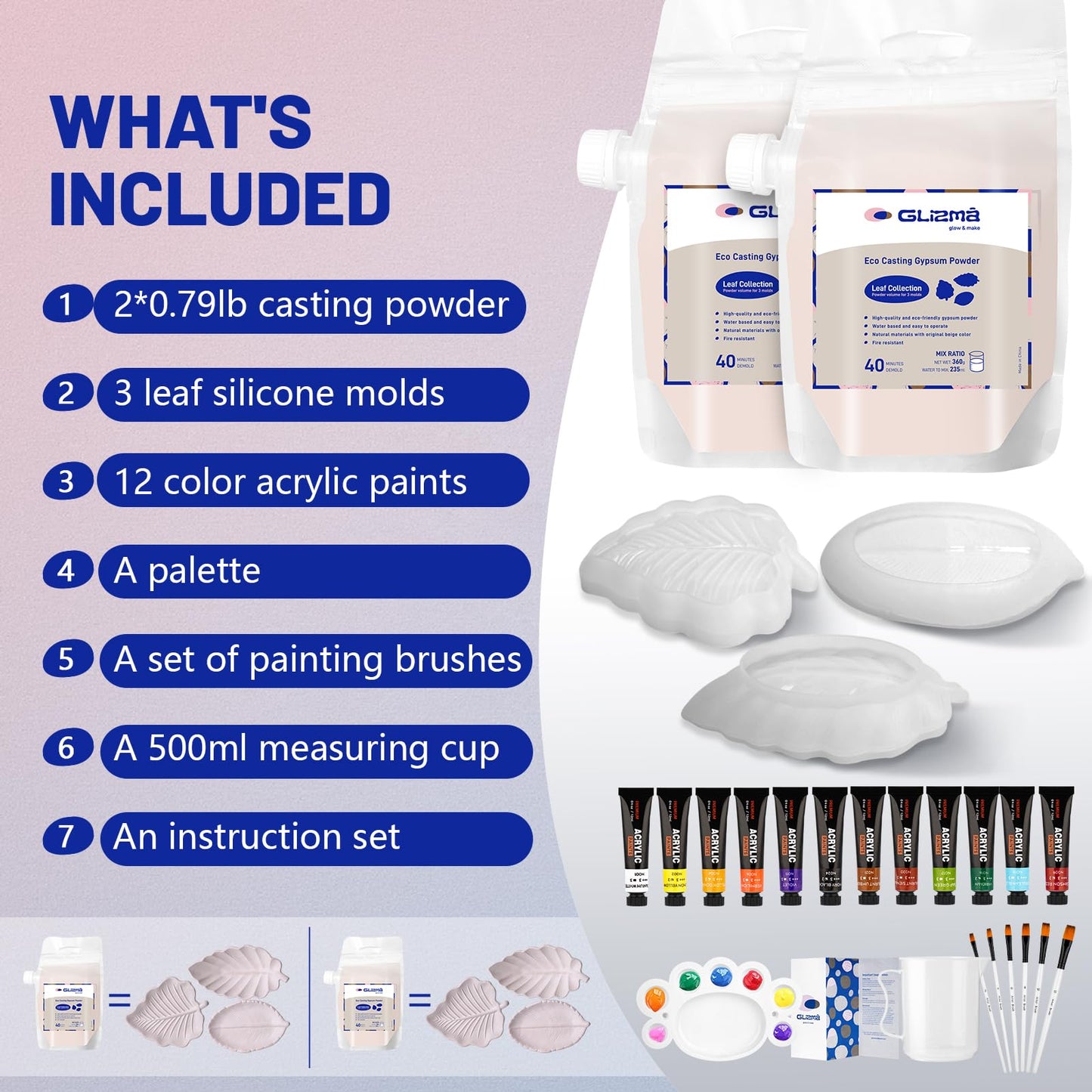 Glizma Complete Gypsum Casting Powder Kit 2 Sets 6 Leaf Trays, Home Decor DIY Beginners Crafts Kits Adults Women, Water Activated, Fast Curing, Date Night Painting Kit(Acrylic Paint Inclueded)