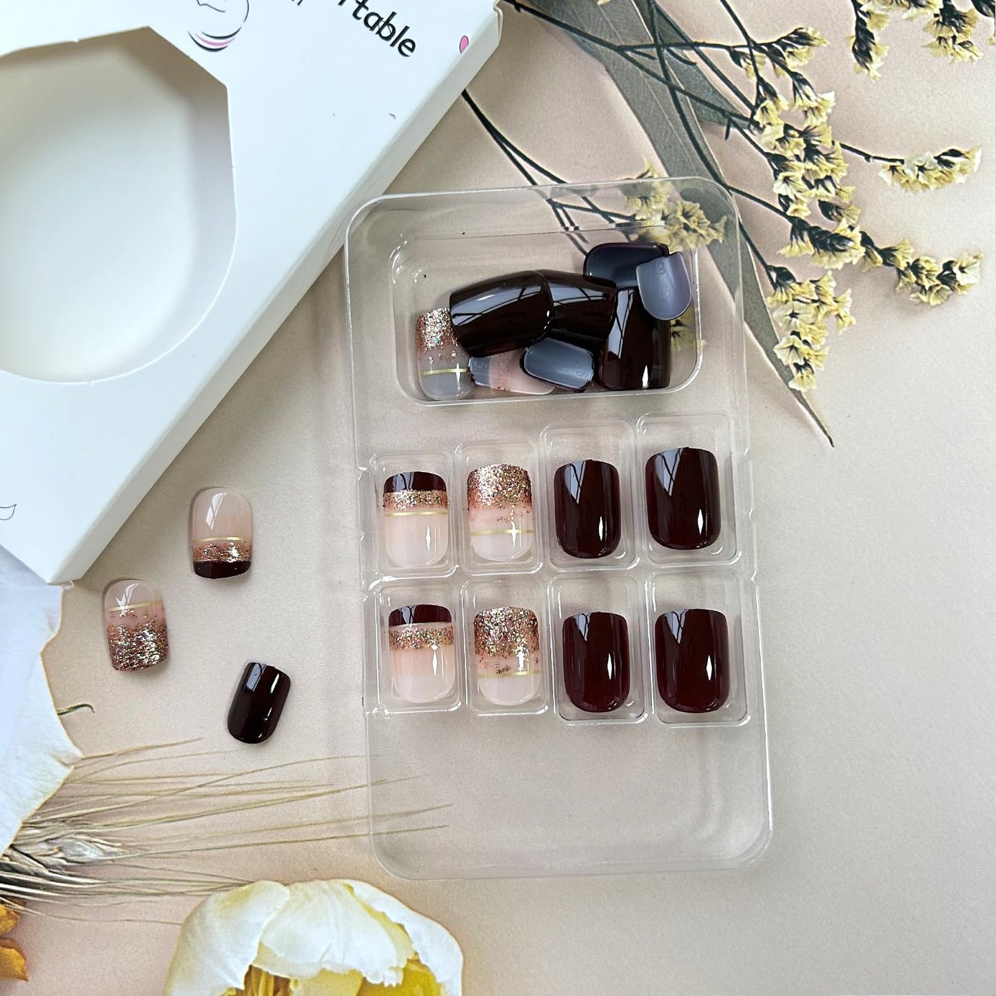 Press on Nails Short Length Brown French False Nails with Gold Foil Design Square Nails Full Cover Glossy Acrylic Nails French Artificial Stick on Nails Reusable Glue on Nails for Women Manicure Kit