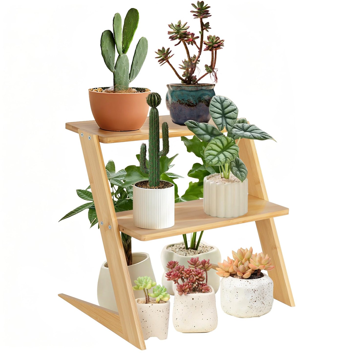OcBuct 3 Tier Table Top Countertop Small Plant Stand with Shelf Adjustable, Bamboo Wooden Desk Plants Succulent Stand, Office Flower Pot Holder Rack ,Cup Cake Stand, Kitchen Spice Rack