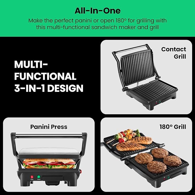 Chefman Panini Press Grill and Gourmet Sandwich Maker Non-Stick Coated Plates, Opens 180 Degrees to Fit Any Type or Size of Food, Stainless Steel Surface and Removable Drip Tray, 4 Slice, Black
