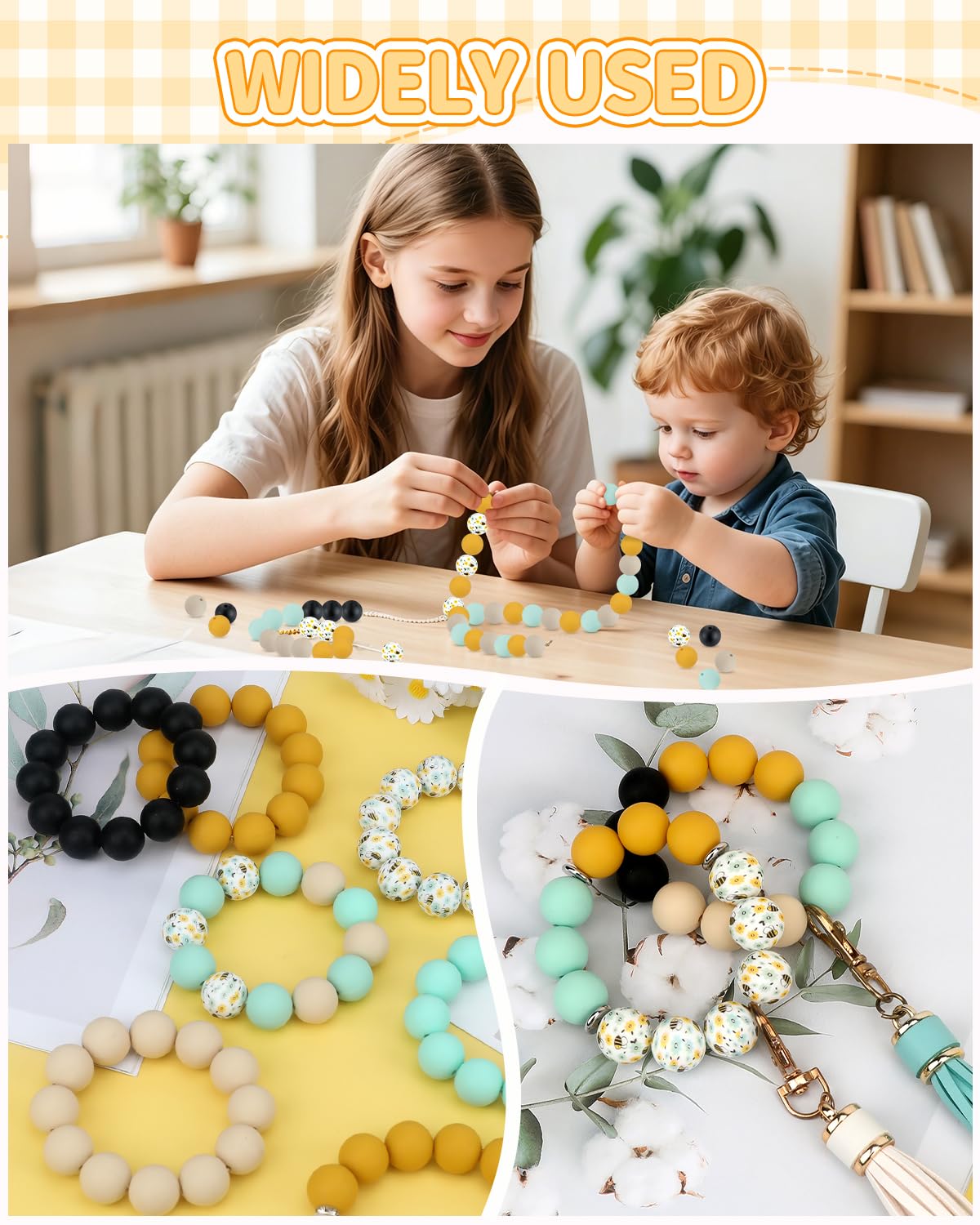 SALUOKE 100 Pcs 15mm Silicone Beads for Keychain Making, Bee Silicone Beads Bulk Round for Bracelets Pens Crafts Jewelry Making (Bee)