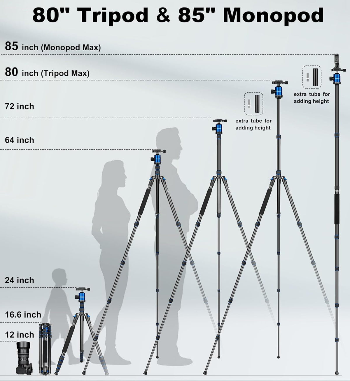 80/85 inches Heavy Duty Tripod for Camera and Phone, 85" Camera Monopod Tripods, DSLR Binoculars Spotting Scope Camcorders Video Tripod Stand, 360 Degree Ball Head, 35 lbs Loads