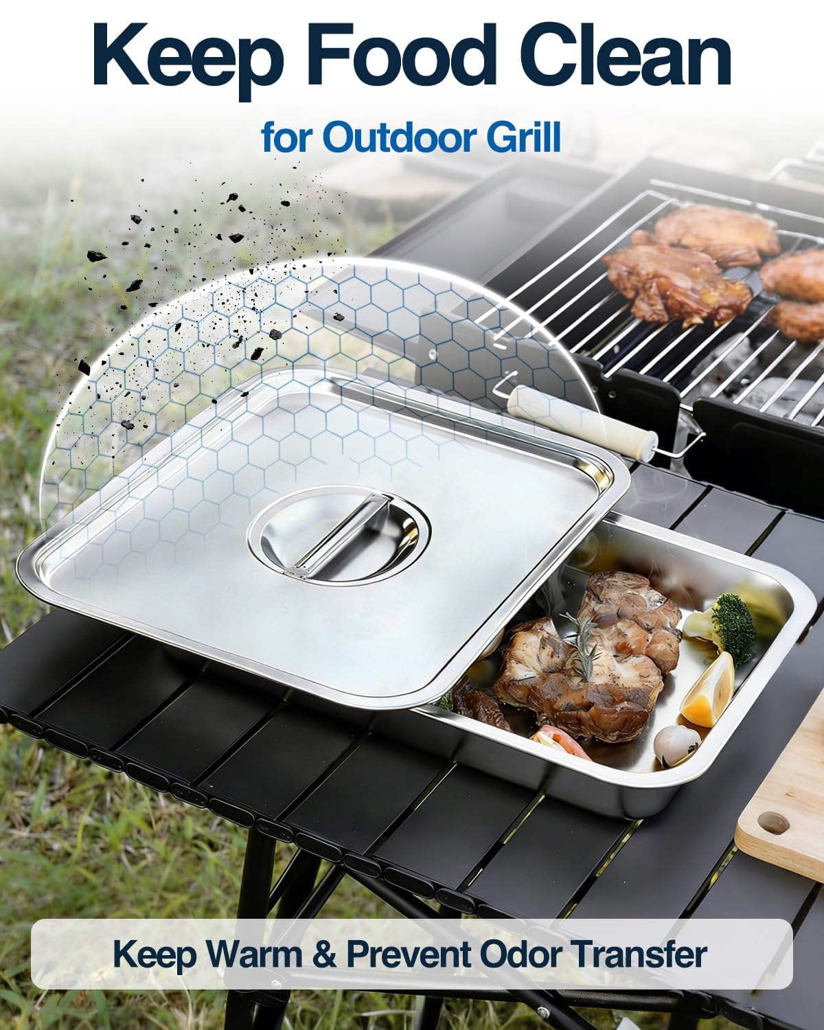 Matchwaves Grilling Prep and Serve Trays with Lid, Stainless Steel Large Grill Carry System, Deep Marinating Container with Cutting Board for BBQ Outdoor Grilling, Pro Series