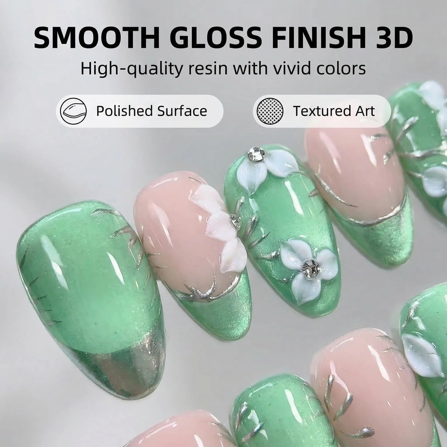 Handmade Press on Nails Almond Medium Fake Nails Green French Tip with 3D Flower Designs Cat's Eye luxury Glossy Cute Acrylic Nails for Women 10pcs (Size M）