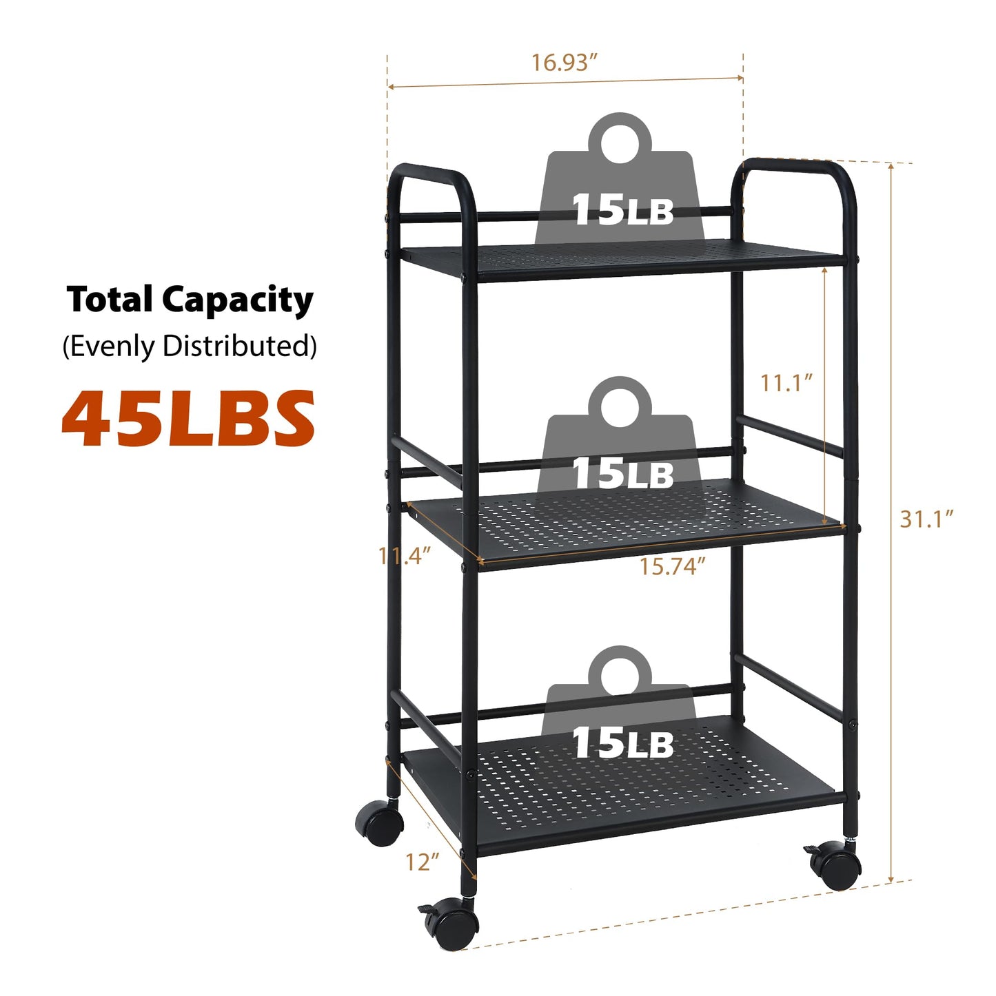 SunnyPoint 3-Tier Rolling Utility Cart – Metal Storage Organizer with Wheels, Mobile Kitchen Cart, Office & Home Organizer, Black, 12" D x 16.92" W x 31.1" H