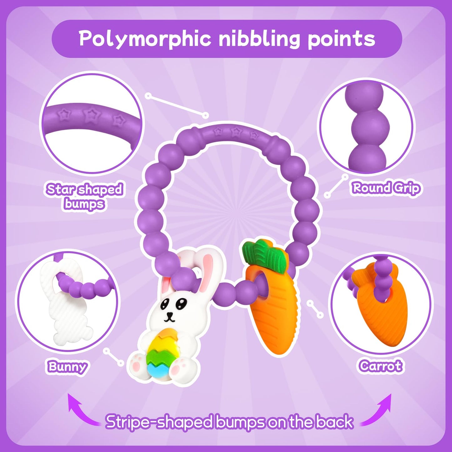 Teething Toys for Babies 3-6 Months, Tinabless Baby Easter Teether Silicone Chew Toys Easter Basket Stuffers for Baby 6-12 Months Infant Teething Toys Easter Gifts Boys Grils Bunny Carrot (Purple)