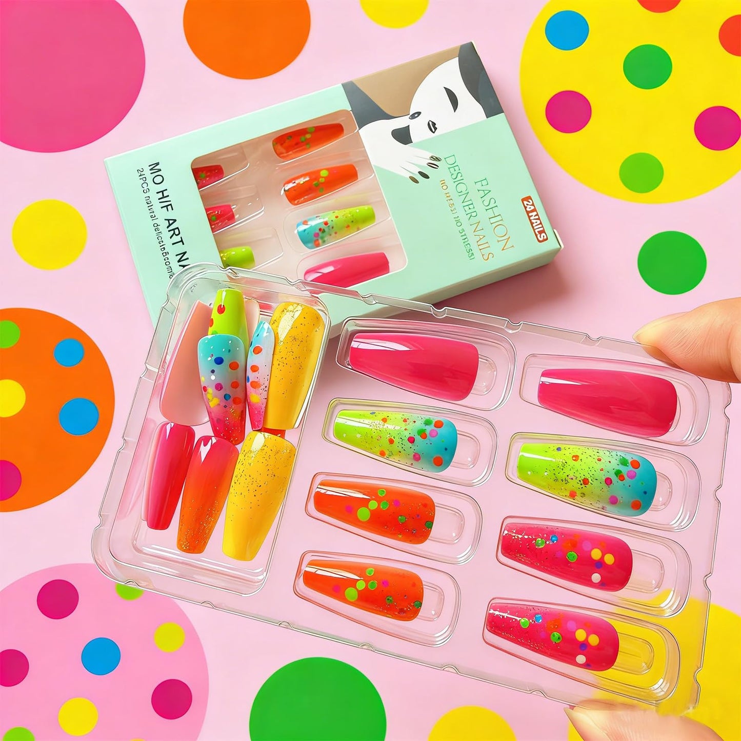 Summer Press on Nails Medium Coffin Fake Nails Gradient Colorful Polka Dot Press on False Nails Rainbow Glossy Full Cover Stick on Nail Reusable Artificial Glue on Nail for Women 24Pcs