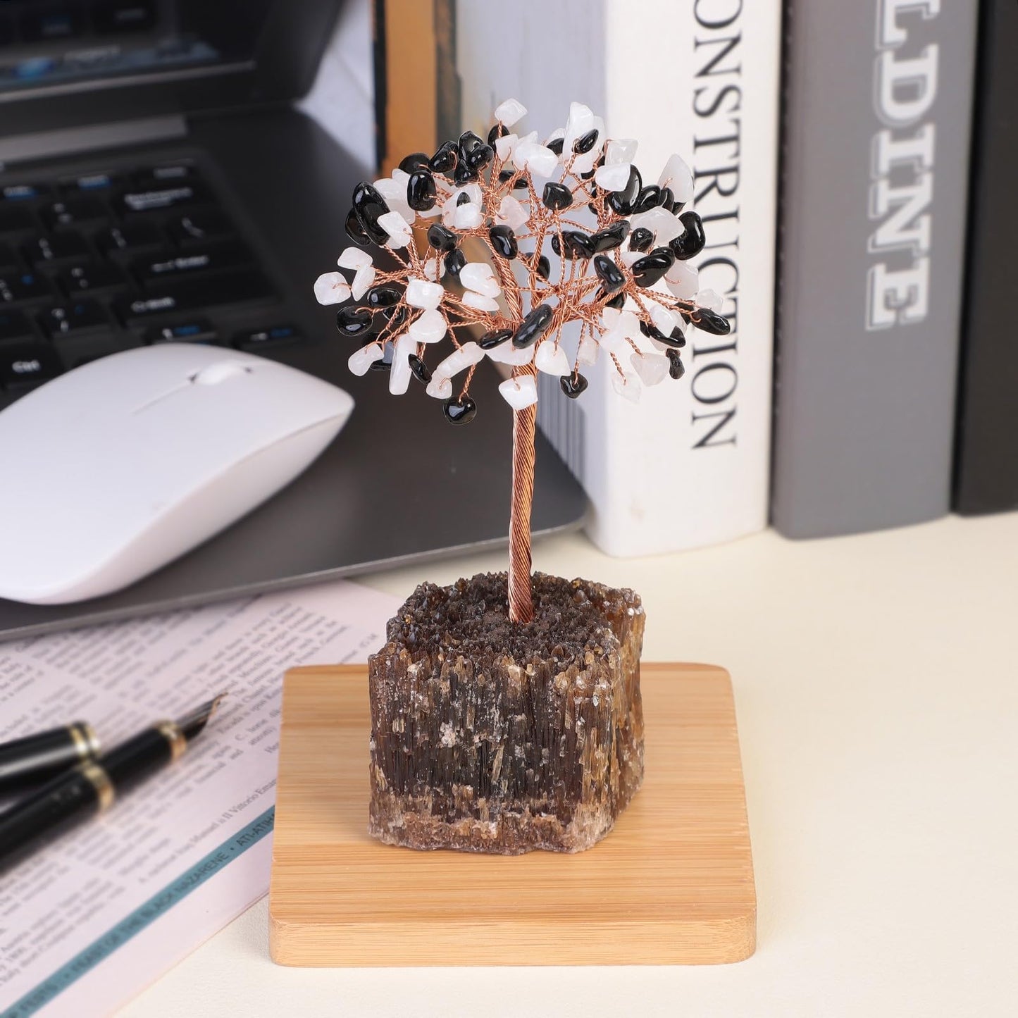 SUNYIK Handmade Crystal Money Tree Set on Amber Calcite Base, Tree of Life Wrapped Tumble Stones Decoration for Home Office, White Jade
