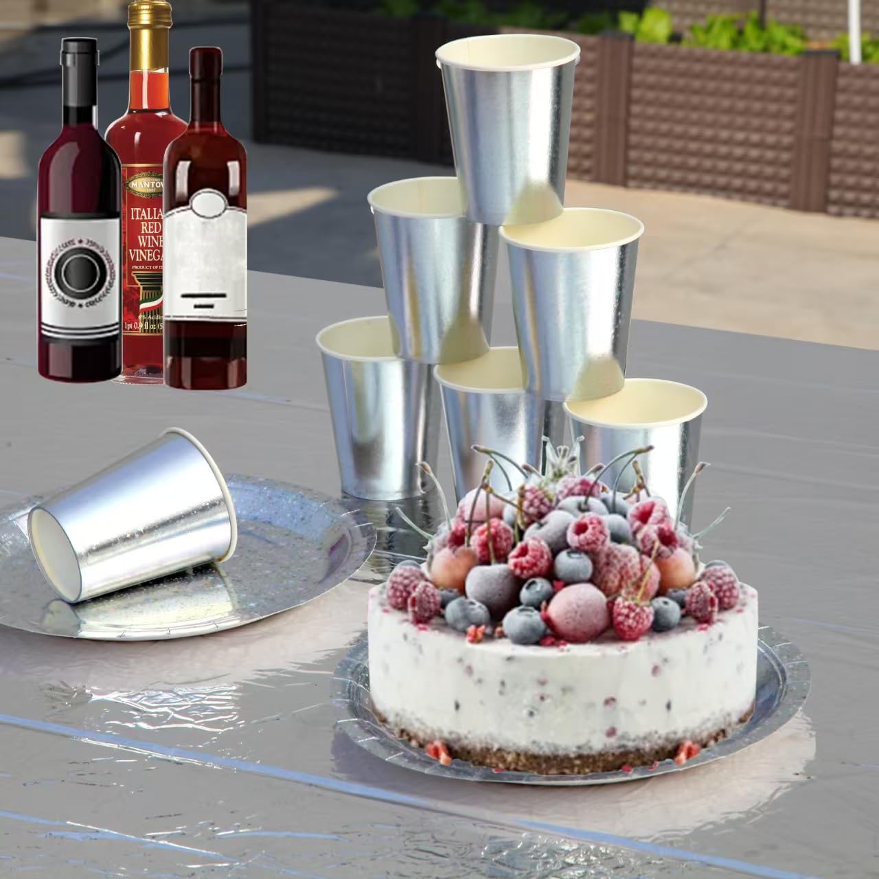 201-piece disposable party tableware set with paper plates, cups, napkins, straws, tablecloths, plastic knives, forks and spoons for a variety of party occasions for up to 25 people (Silver Star)