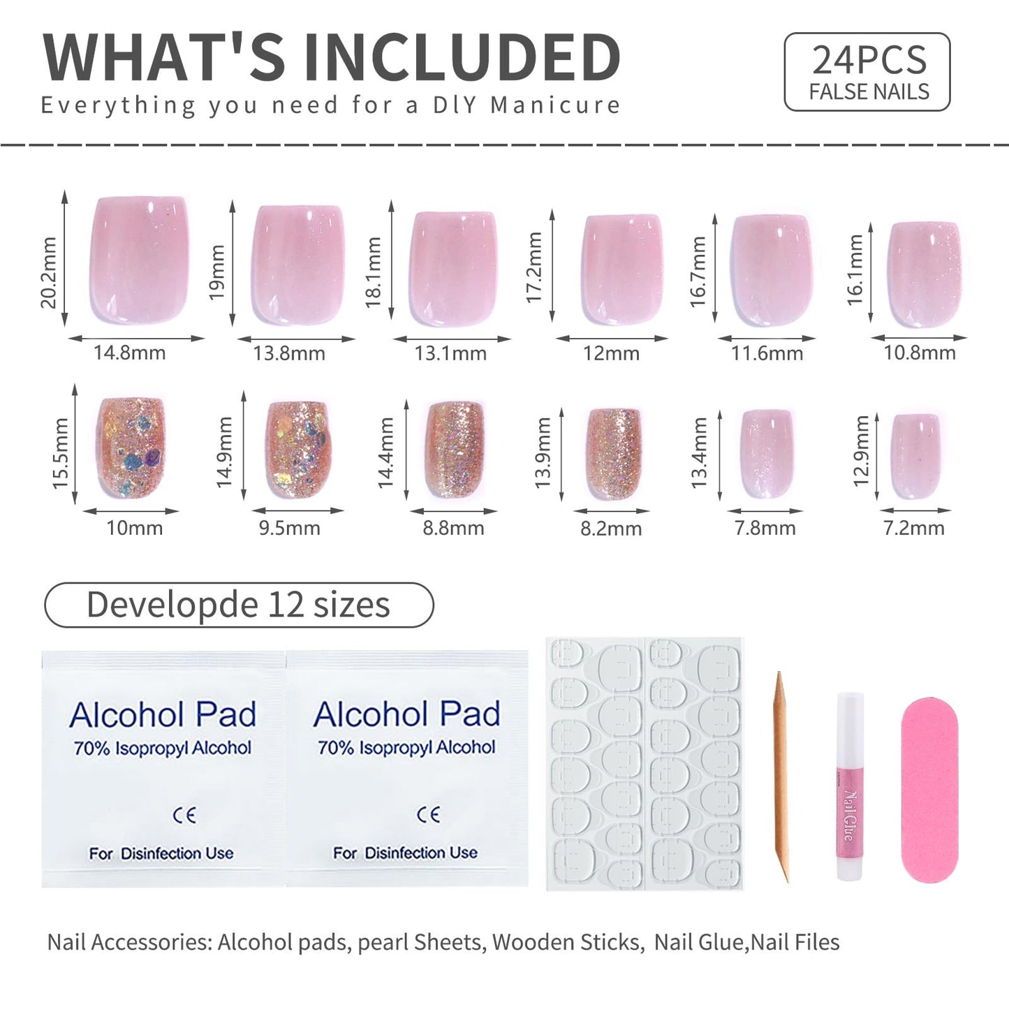 Stbisen 24PCS Short Square Press On Nails, Pink Jelly Glitter Fake Nails, Reusable Short Length Stick On Nails with Iridescent Sparkle Design for Women DIY Salon Manicure