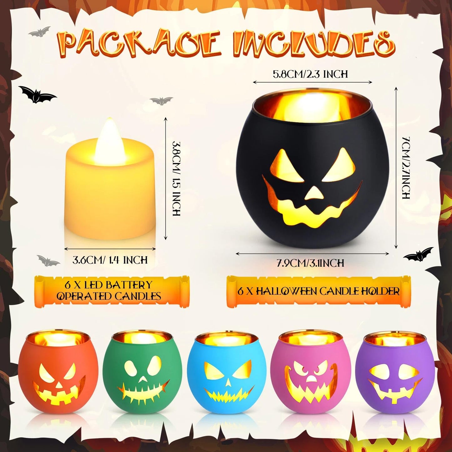 VIHOSE 6 Set Halloween Candle Holders Grimace Glass Votive Holder Tea Light with LED Battery Operated Candles Halloween Table Decorations for Home Table Centerpiece Decor Gifts