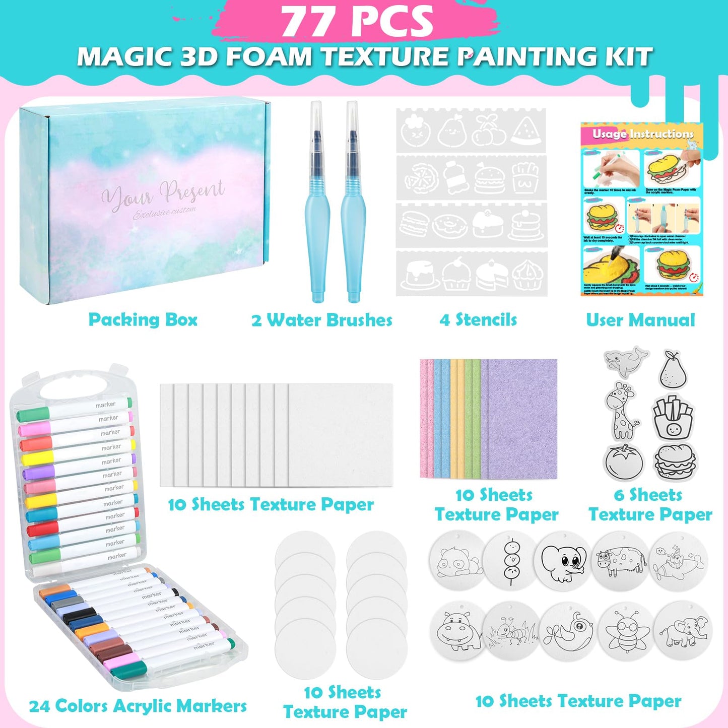 78 Pcs Magic 3D Foam Texture Painting Kit, Magic Puffy Paint Kit, Including 46 Pcs Foam Texture Paper, 24 Colors Acrylic Marker Pen, 4 Drawing Templates, 2 Water Brushes, Art Painting Kits